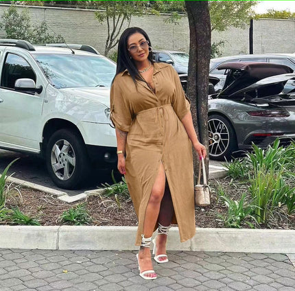 Tan midi dress with button front, side slit, adjustable waist tie
