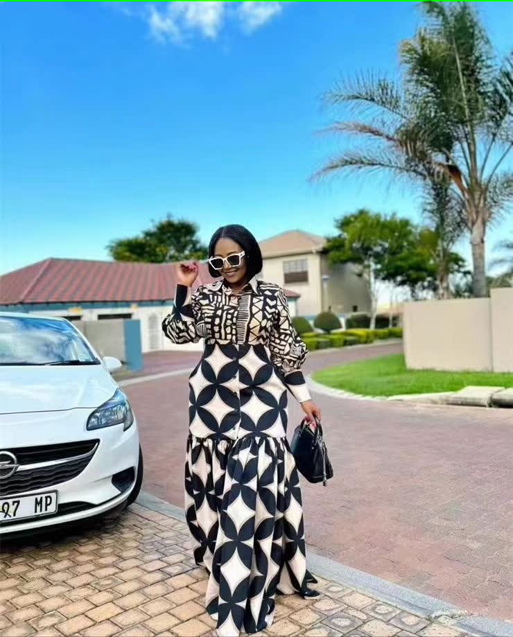 Long-Sleeve Wavy Hemline Dress with Geometric Pattern Design