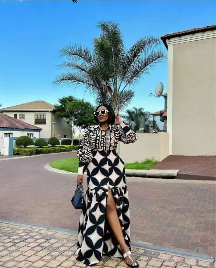 Long-Sleeve Wavy Hemline Dress with Geometric Pattern Design