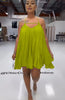 Green sleeveless flared dress, spaghetti straps, V-neck bodice, gathered pleated skirt