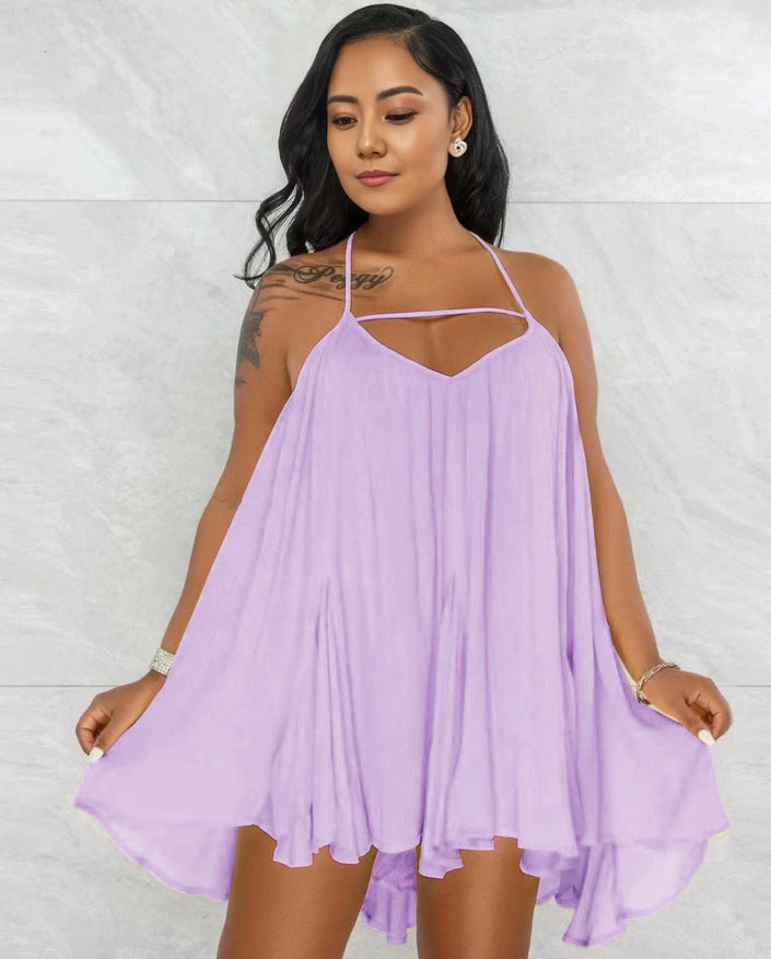 Light purple sleeveless flared dress with spaghetti straps and V-neck, pleated swing skirt