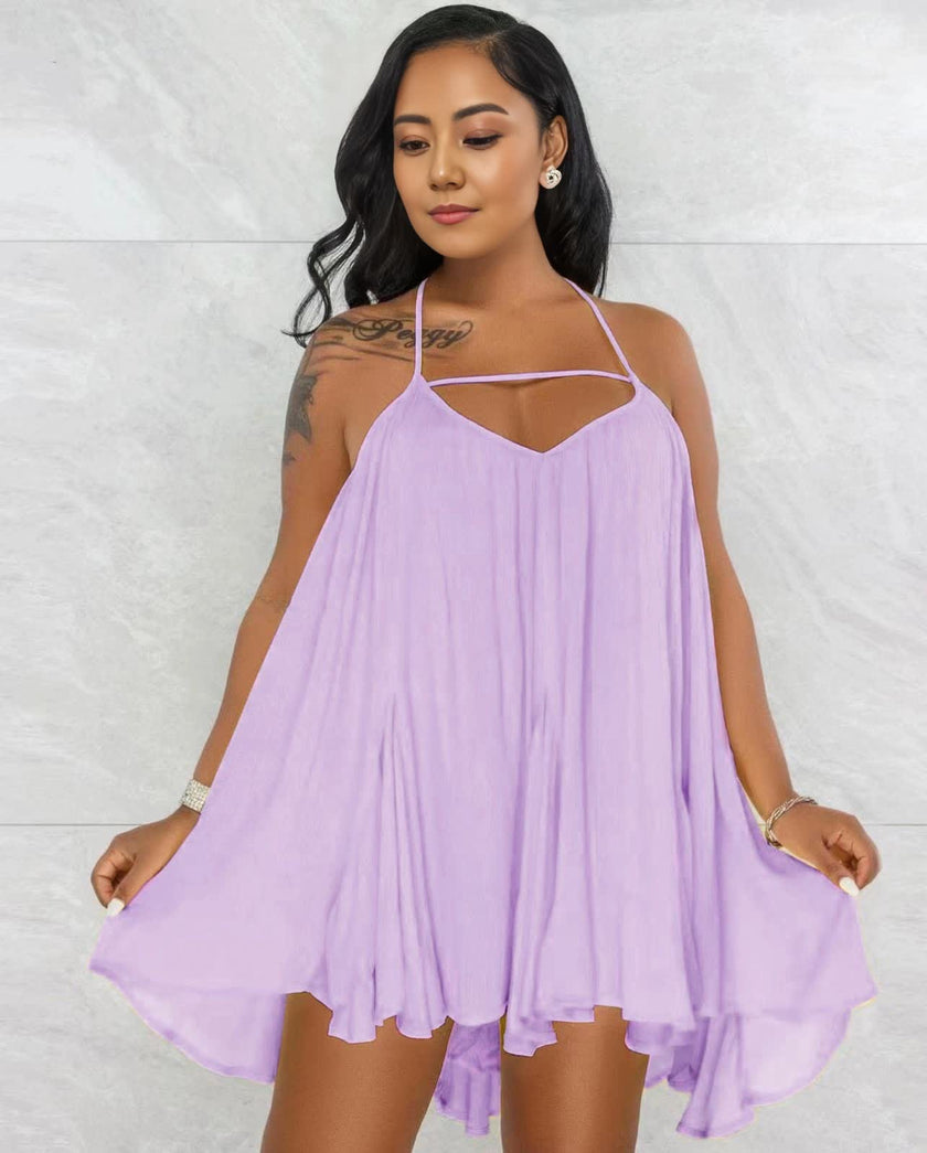 Light purple sleeveless flared dress with spaghetti straps and V-neck, pleated swing skirt