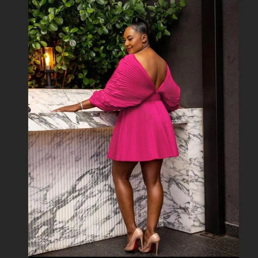 V-Neck Pleated Short Sleeve Flared Dress with Cinched Waist