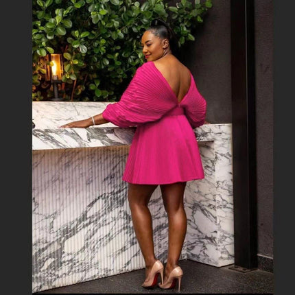 Pleated mini dress, V-neck, pleated puff sleeves, hot pink, open back