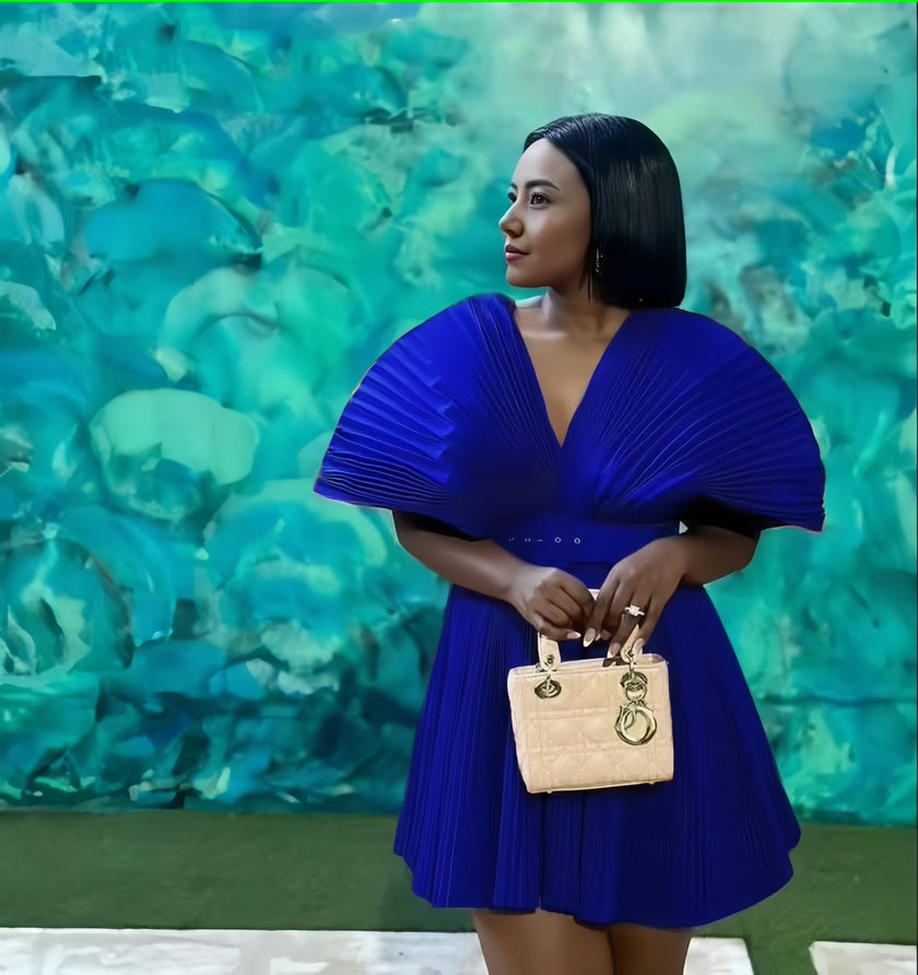 V-Neck Pleated Short Sleeve Flared Dress with Cinched Waist