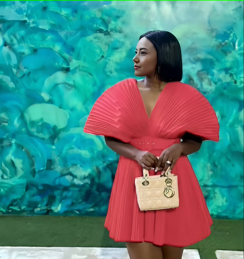 V-Neck Pleated Short Sleeve Flared Dress with Cinched Waist