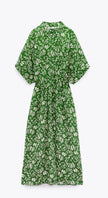 Green printed A-line midi dress, tie waist, three-quarter sleeves, V-neck
