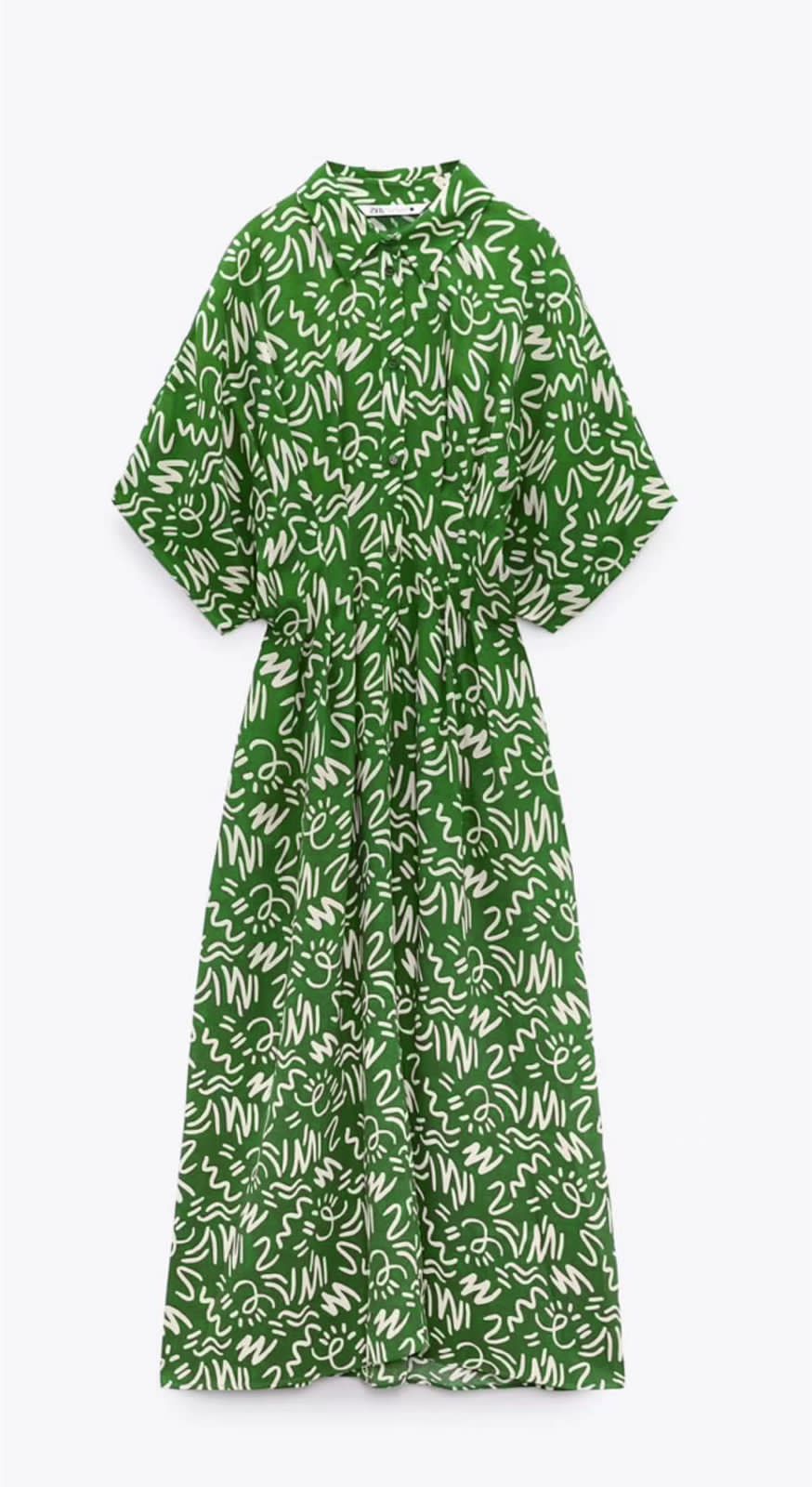 Green printed A-line midi dress, tie waist, three-quarter sleeves, V-neck