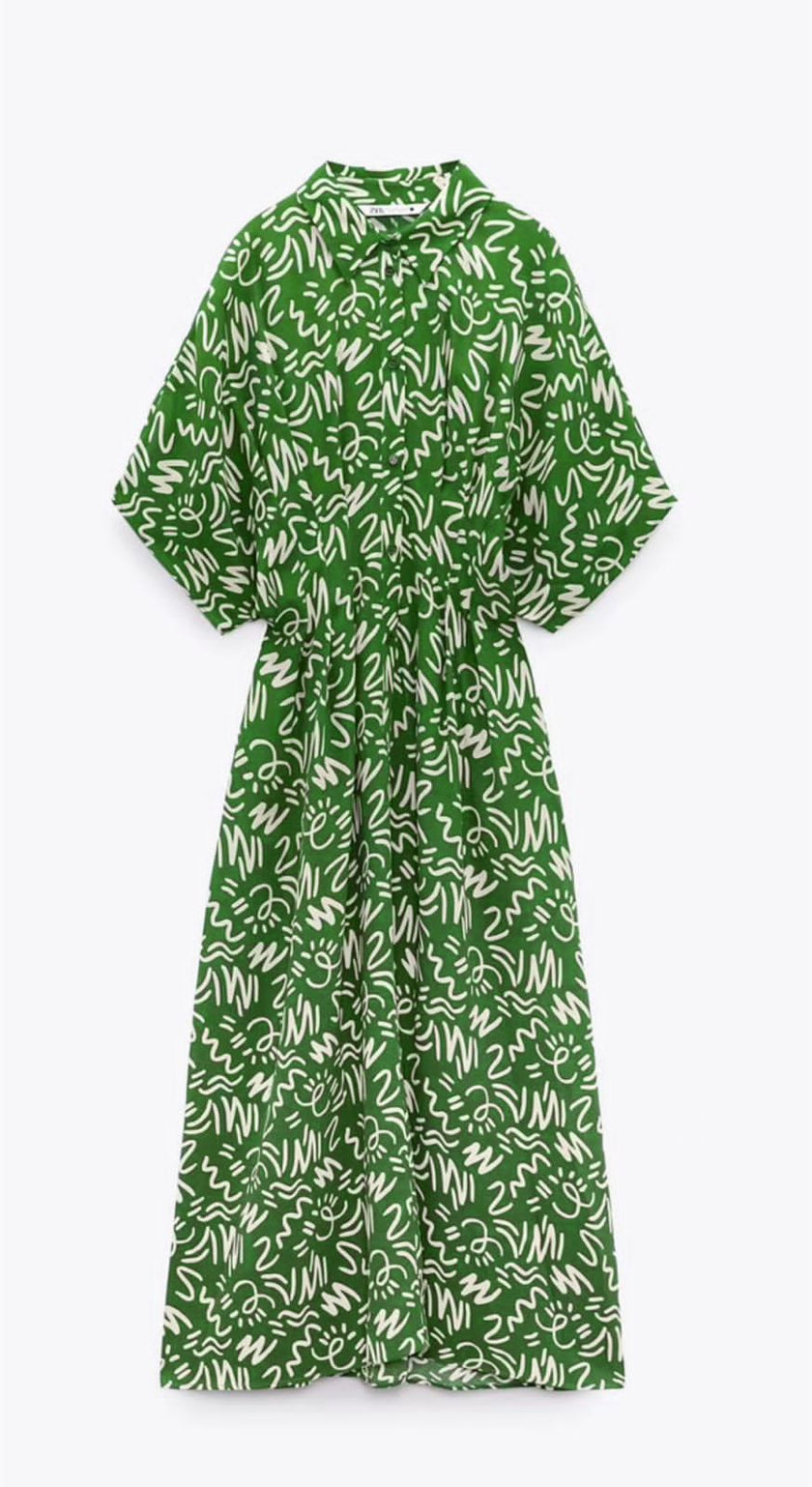 Green printed A-line midi dress, tie waist, three-quarter sleeves, V-neck