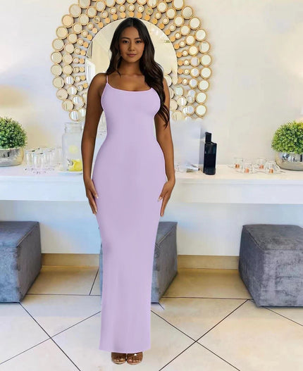 Light-purple sleeveless maxi dress with straight neckline, fitted column silhouette.