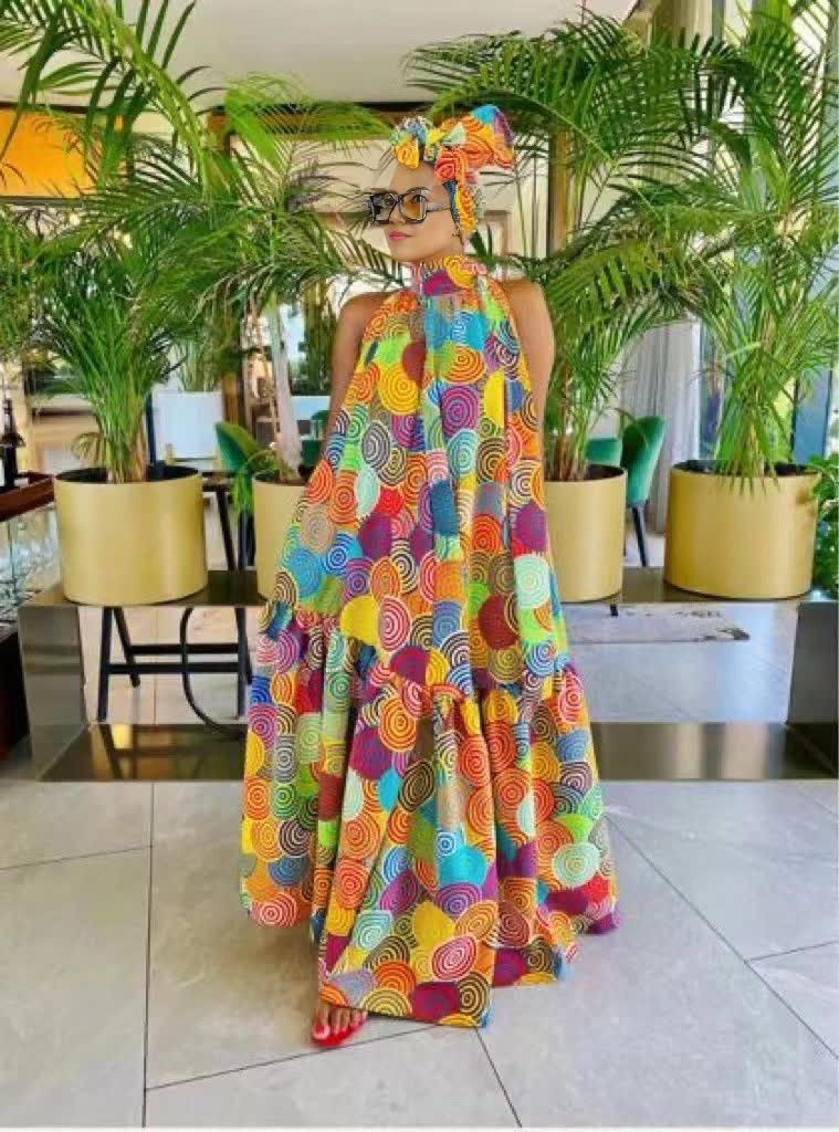 Sleeveless High Neckline A-Line Maxi Dress with Circular Pattern Print