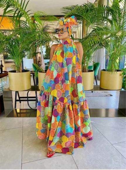Colorful circular print sleeveless A-line maxi dress with tiered skirt