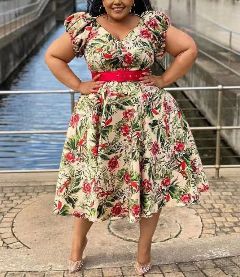 Floral Print Knee-Length Dress with Puff Sleeves and Pleated Skirt