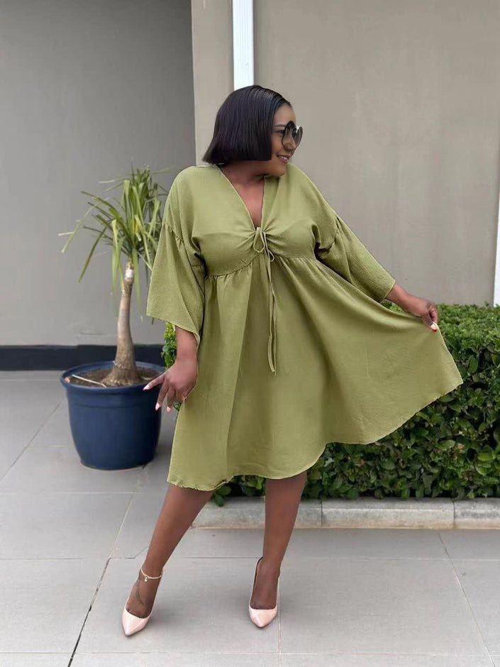 Olive flared sleeve dress with V-neck and adjustable drawstring at neckline