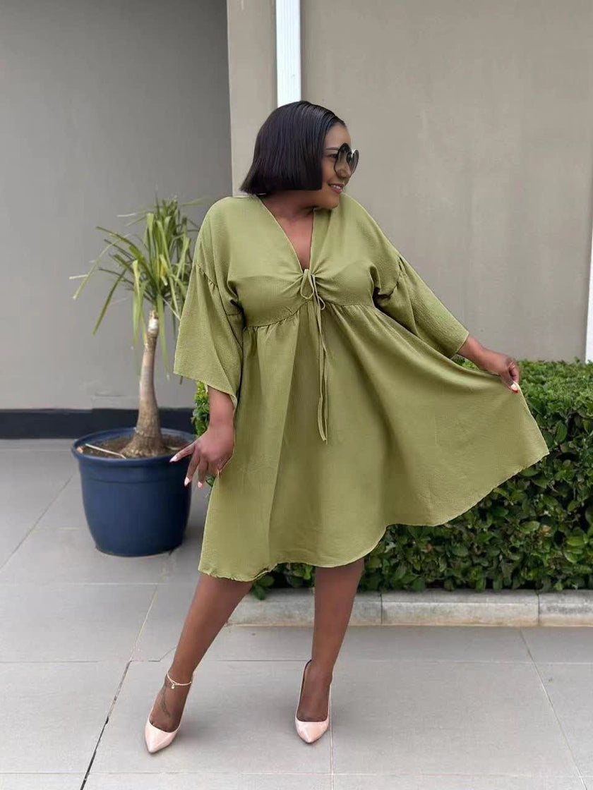 Olive flared sleeve dress with V-neck and adjustable drawstring at neckline