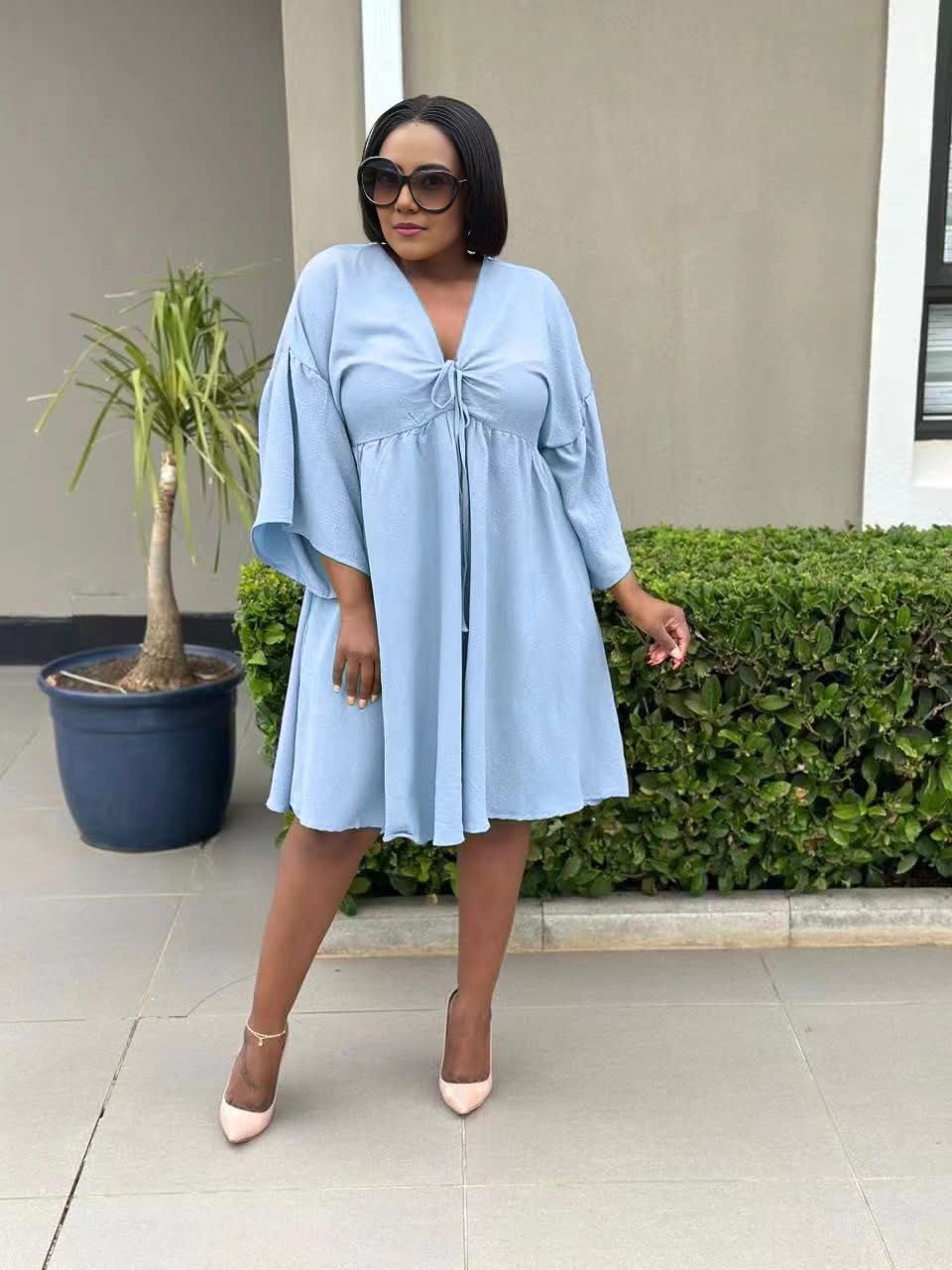 Sky-blue flared sleeve dress with V-neck and adjustable drawstring front