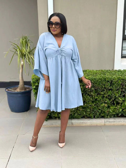 Sky-blue flared sleeve dress with V-neck and adjustable drawstring front
