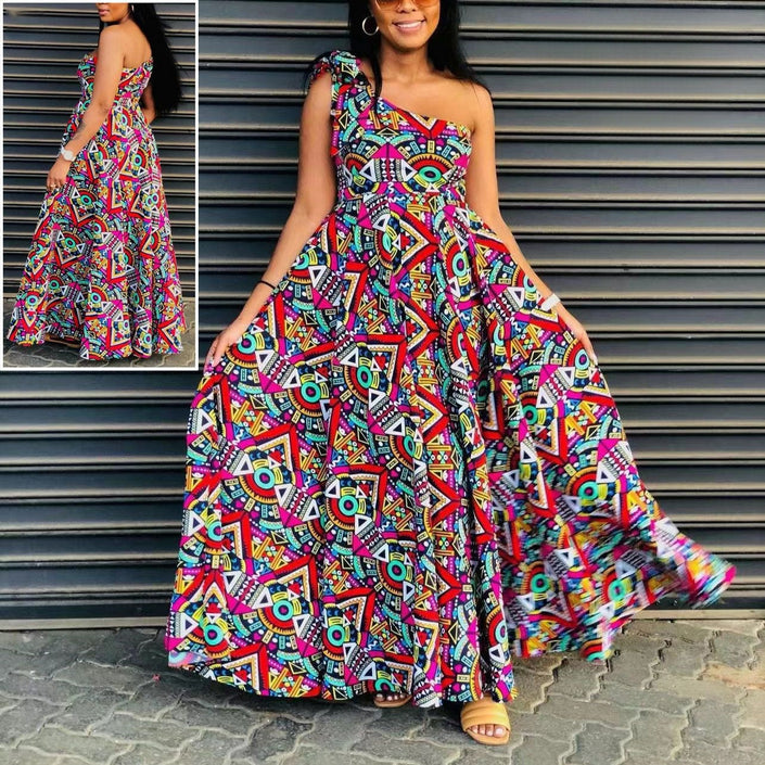 One-shoulder maxi A-line dress with colorful geometric print and flared skirt