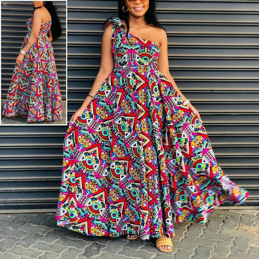 One-shoulder maxi A-line dress with colorful geometric print and flared skirt