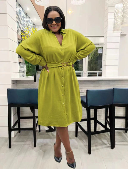 Green midi dress, V-neck button front with adjustable belt and long sleeves