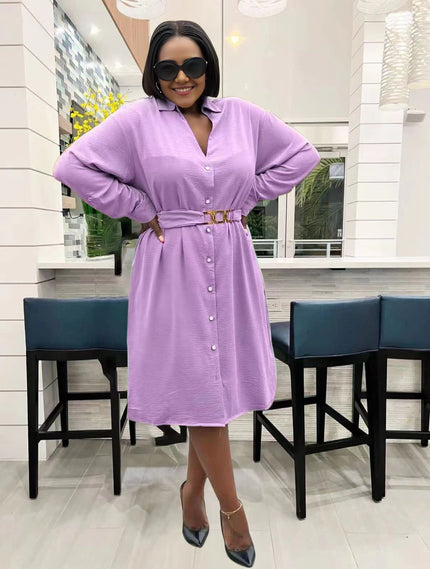 Light-purple midi dress, V-neck button front with adjustable belt and long sleeves