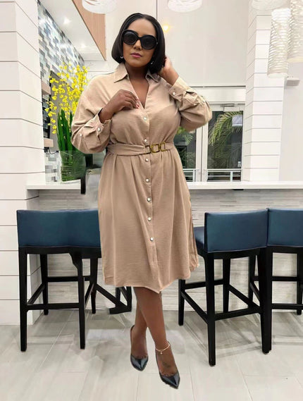 Khaki midi dress, V-neck button front with adjustable belt and long sleeves
