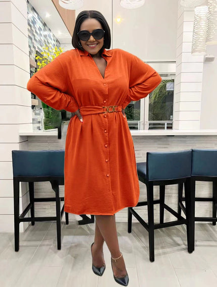 Orange midi dress, V-neck button front with adjustable belt and long sleeves