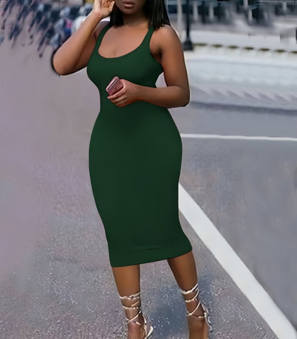 Dark-green bodycon midi dress with scoop neckline and slim fit, sleeveless