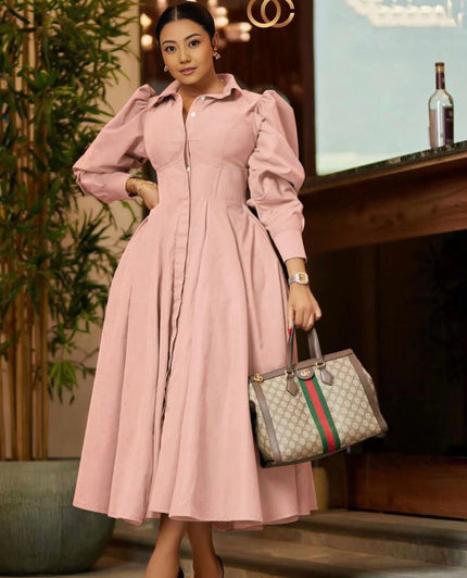 Light pink midi A-line dress with puff sleeves and pleated skirt, button-front