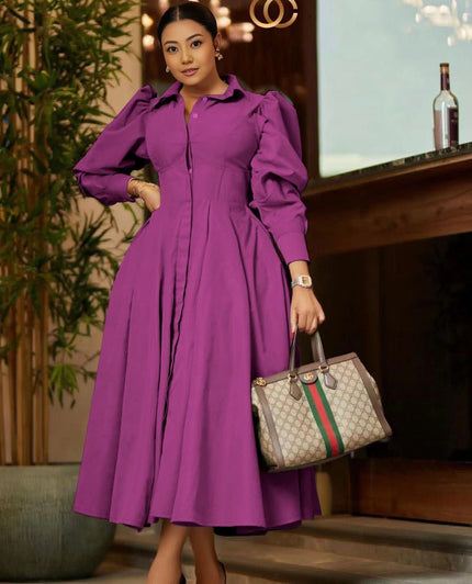 Purple midi A-line dress with puff sleeves and pleated skirt, button-front
