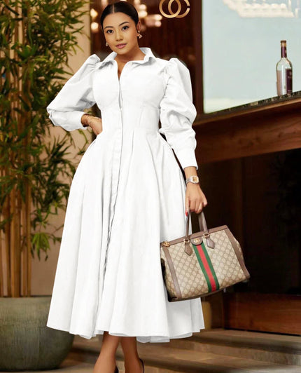 White midi A-line dress with puff sleeves and pleated skirt, button-front