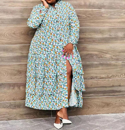 Plus size ruffle maxi dress in patterned blue and white with high neck and side slit