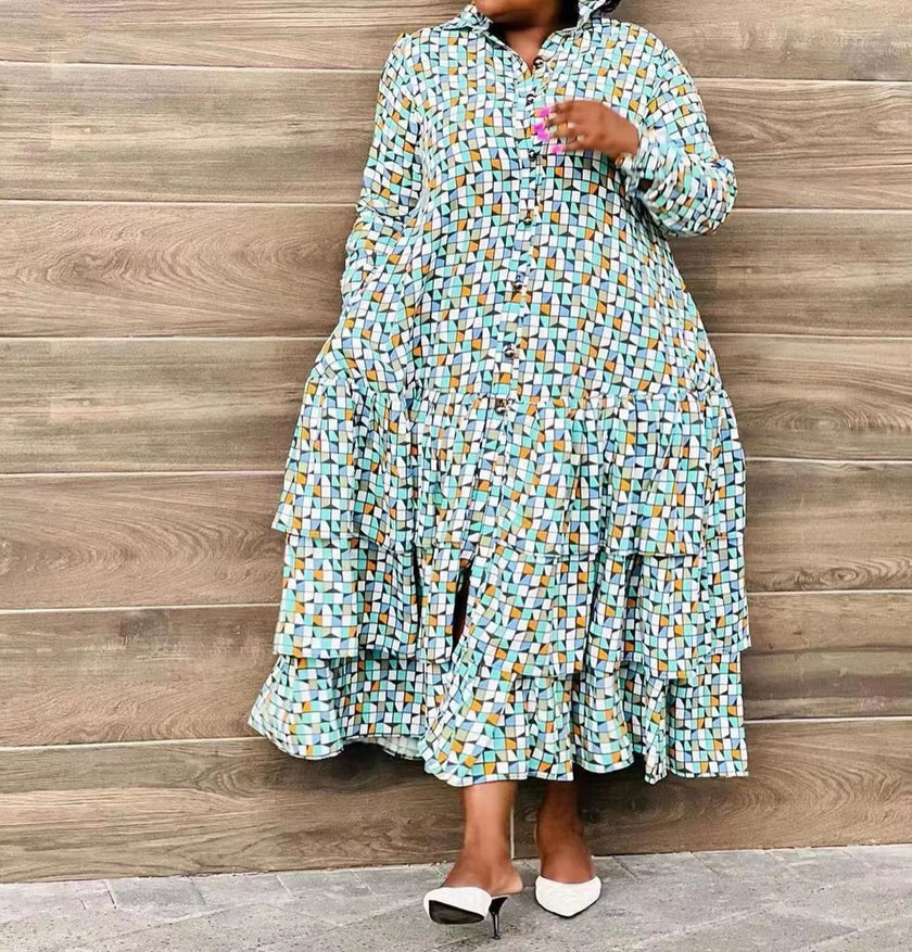 Long-Sleeve High-Neck Ruffle Detail Patterned Maxi Dress with Cinched Waist and Front Slit Flowy Skirt