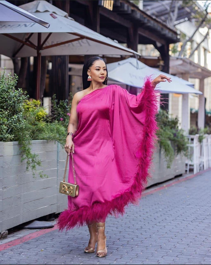 One-Shoulder Draped Dress with Feather Hem Embellishment