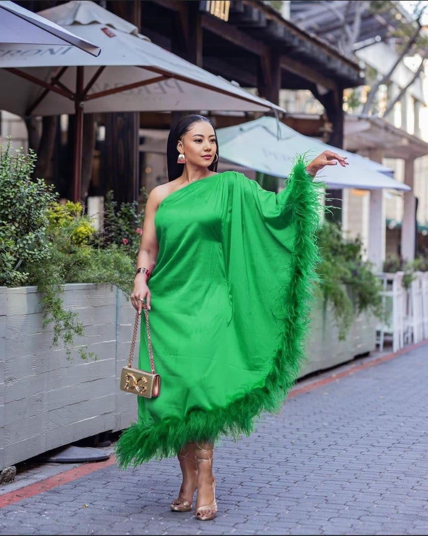 One-Shoulder Draped Dress with Feather Hem Embellishment
