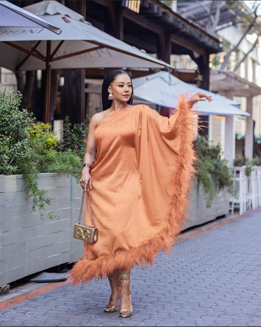 One-Shoulder Draped Dress with Feather Hem Embellishment