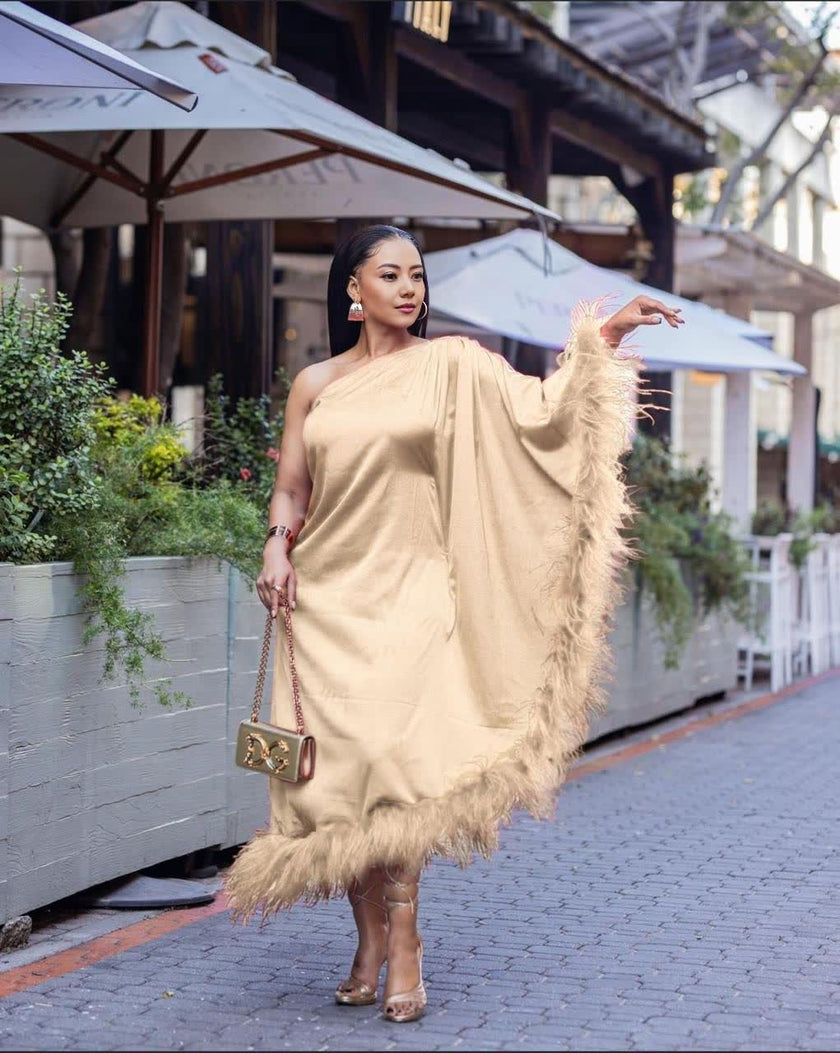 One-Shoulder Draped Dress with Feather Hem Embellishment
