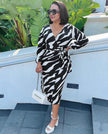 Wrap midi dress with black-and-white zebra-style print, V-neck, long sleeves, tie waist