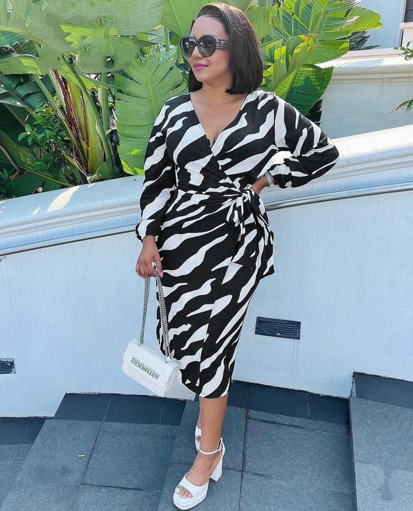 Wrap-style V-neck Dress with Abstract Pattern