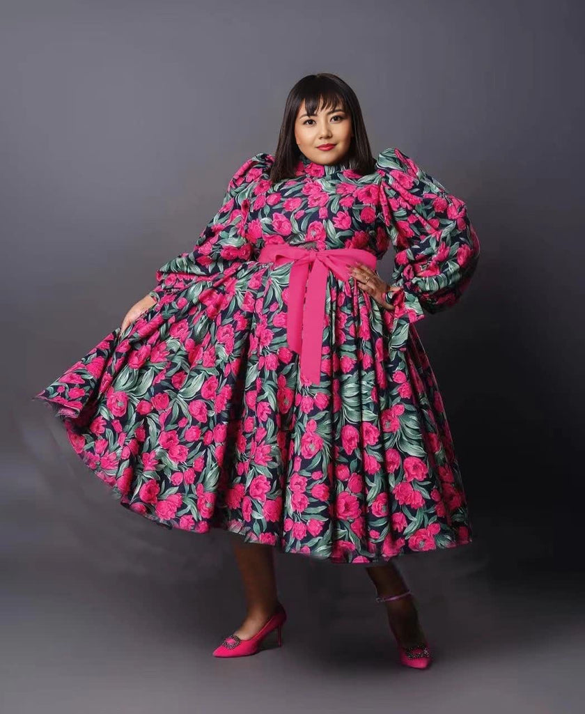 Floral Print Knee-Length Dress with Puffed Sleeves and Bow-Tied Waist Sash