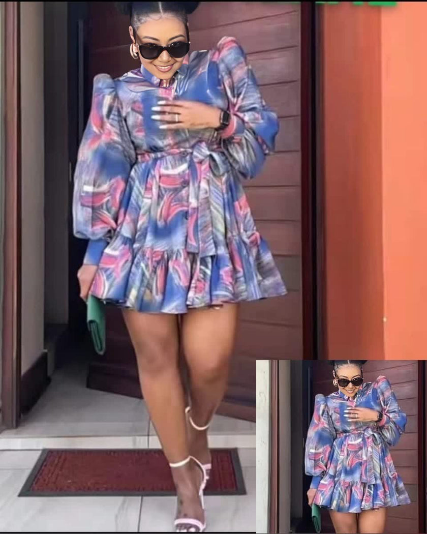 Women's Two-Piece Set - Puff Sleeve Mini Dress with Abstract Print