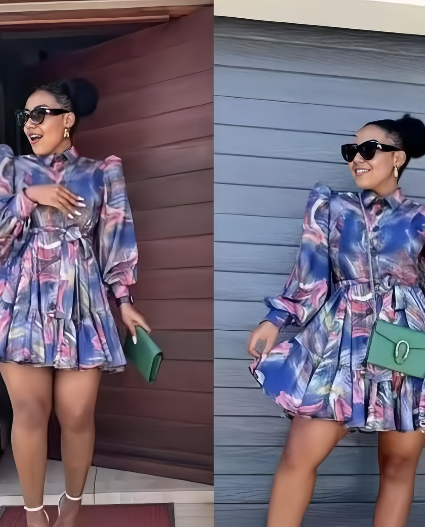 Women's Two-Piece Set - Puff Sleeve Mini Dress with Abstract Print