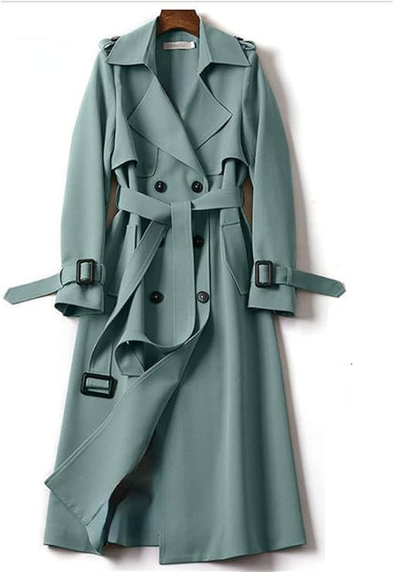 Light green double-breasted belted trench coat with inner panel detail