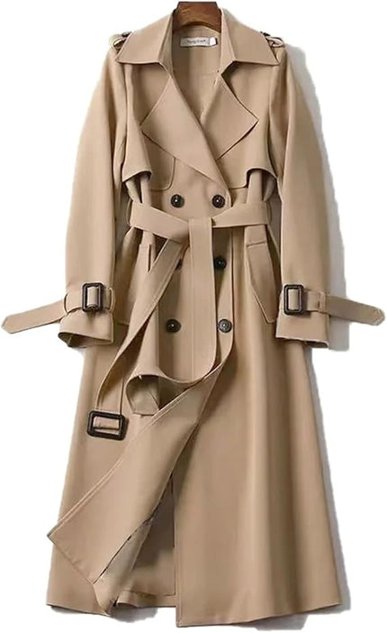 Beige double-breasted belted trench coat with inner panel detail