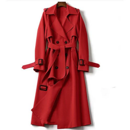 Red double-breasted belted trench coat with inner panel detail