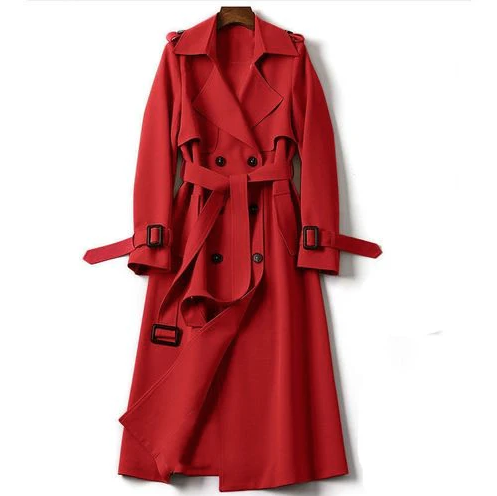 Red double-breasted belted trench coat with inner panel detail