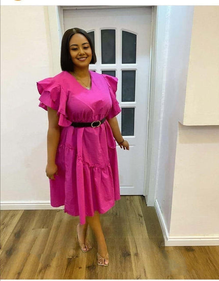 Pink ruffle-sleeve midi dress with layered hem, V-neck, and black belt