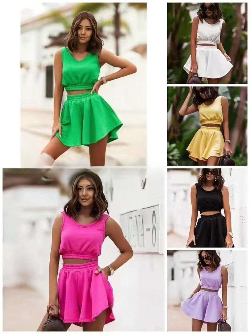 Women's Sleeveless Crop Top and High-Waisted Pleated Skirt Set