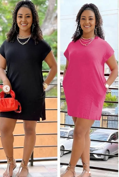 Short-sleeve loose mini dress with pockets, black and deep-pink