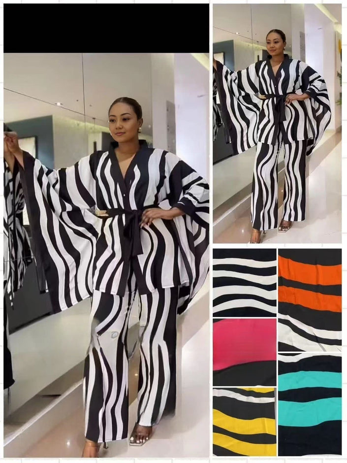 Wavy stripe kimono set with wide sleeves and matching pants, black and white; color swatches